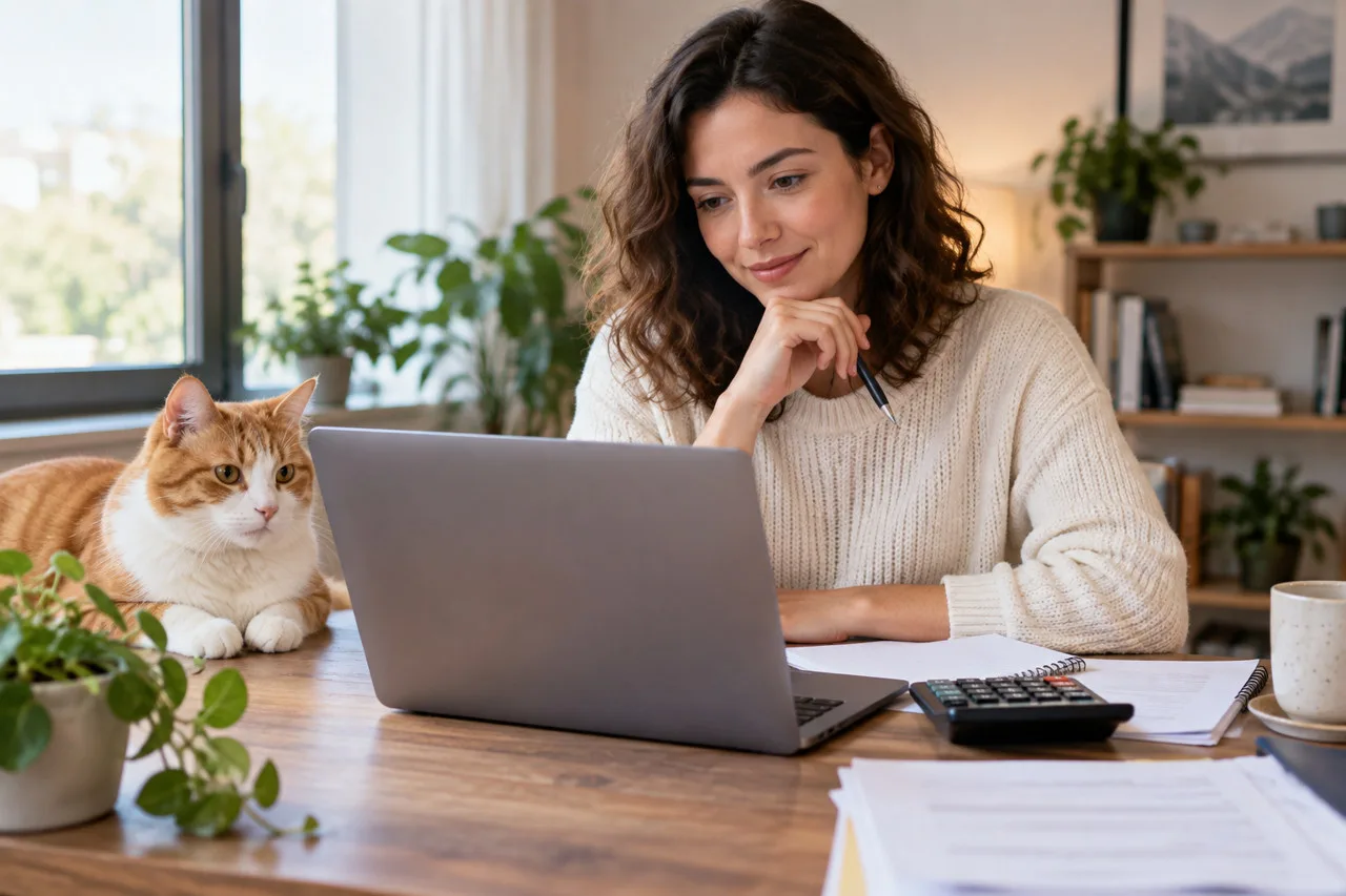 Owner using a laptop beside a long-haired cat