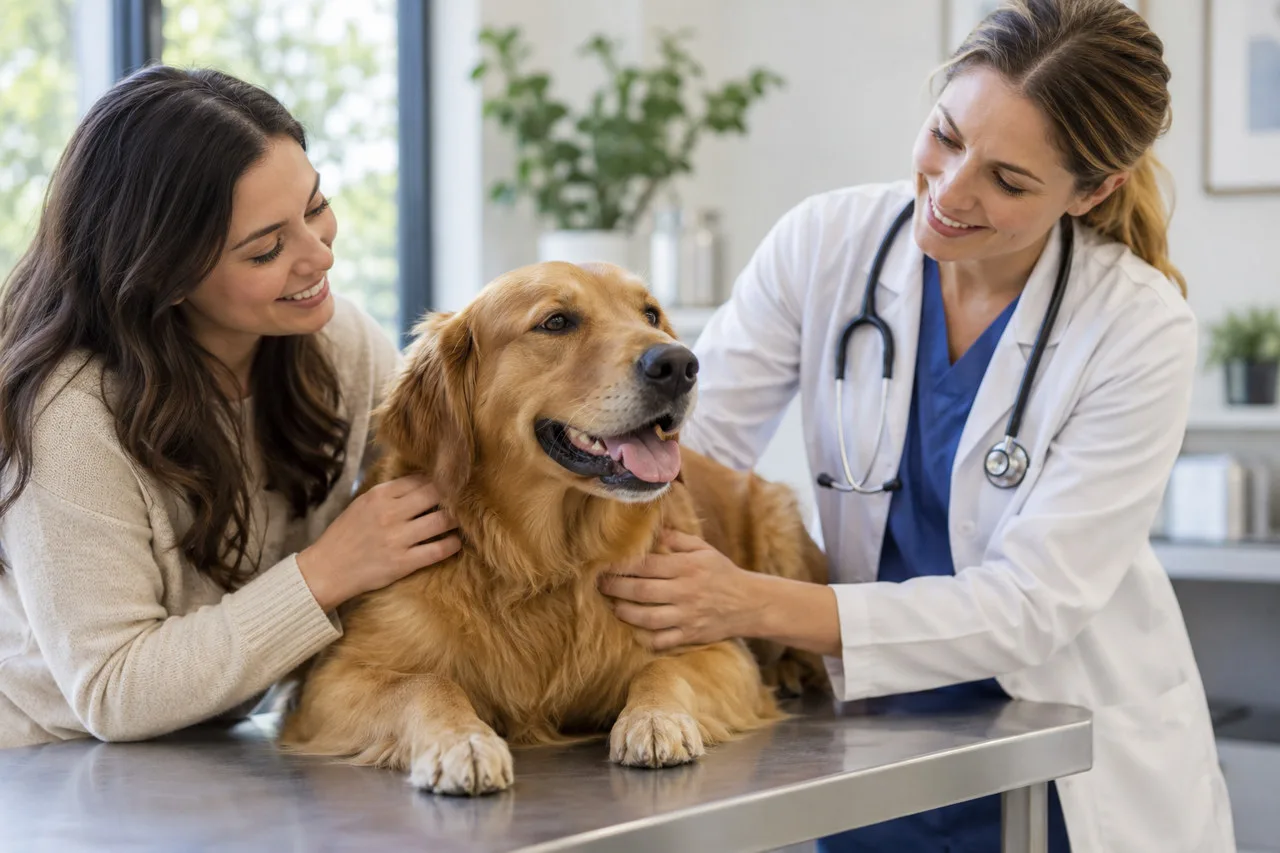 Veterinarian discussing care with an owner and dog